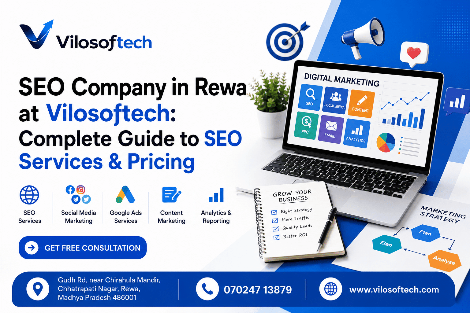 SEO Company in Rewa at Vilosoftech showing complete guide to SEO services, pricing, and digital marketing solutions in Rewa, Madhya Pradesh.