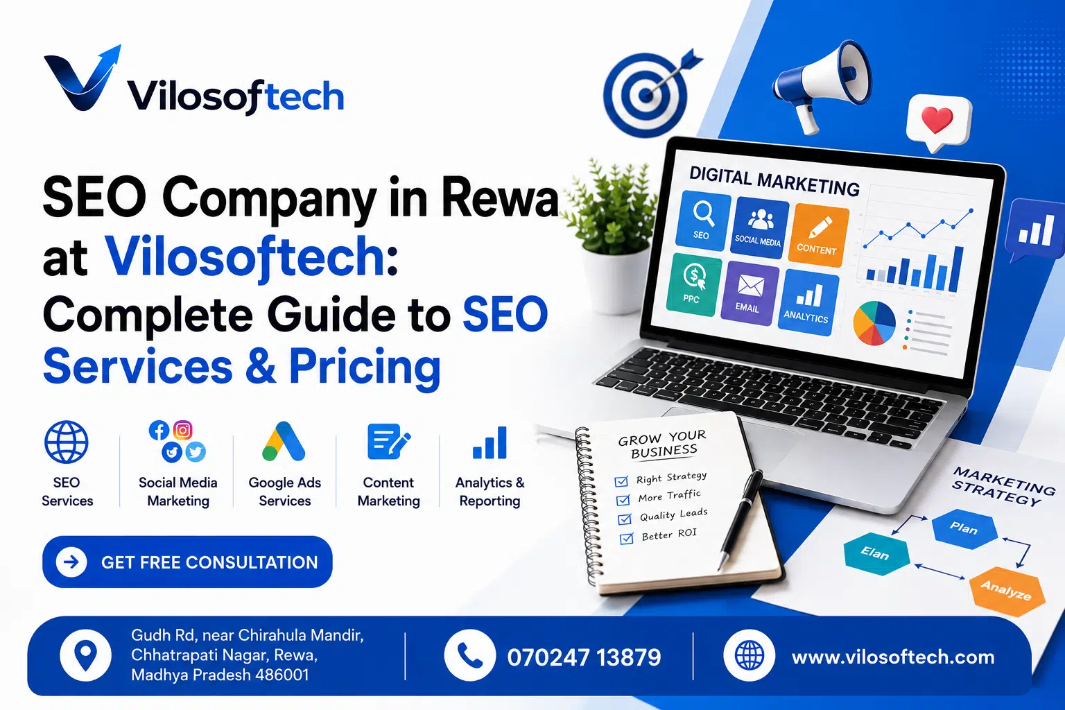 SEO Company in Rewa at Vilosoftech showing complete guide to SEO services, pricing, and digital marketing solutions in Rewa, Madhya Pradesh.